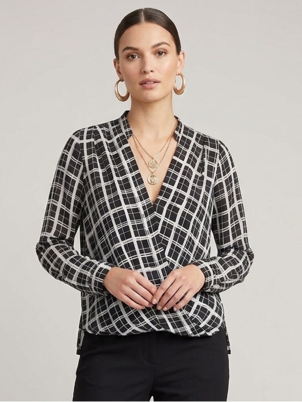 H&M Black and White Plaid Wrap Blouse Business Casual Church Casual Chic